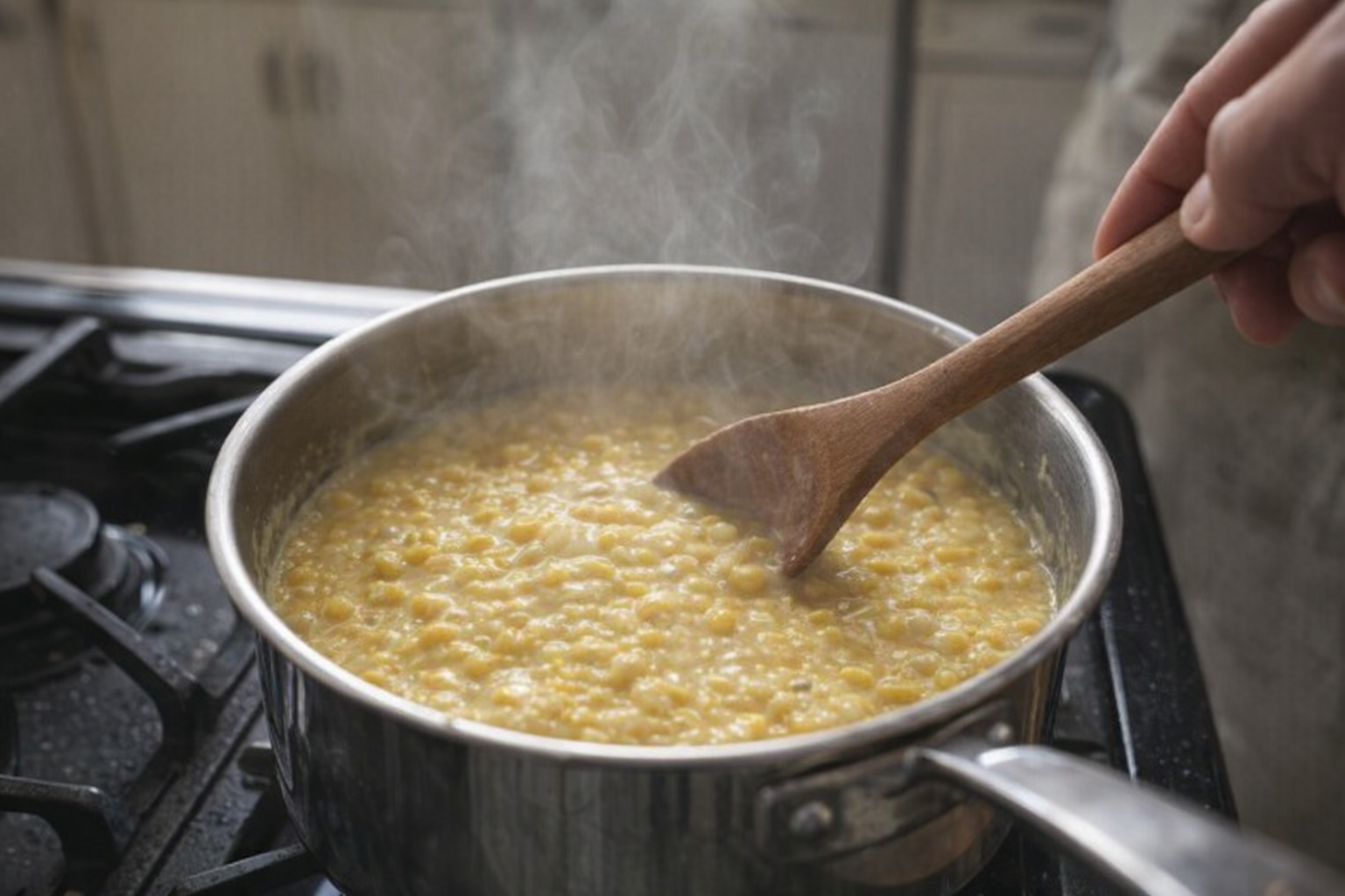 A medium saucepan on a stovetop filled with creamed corn, steam rising, wooden spoon stirring the mixture, blurred background of a kitchen